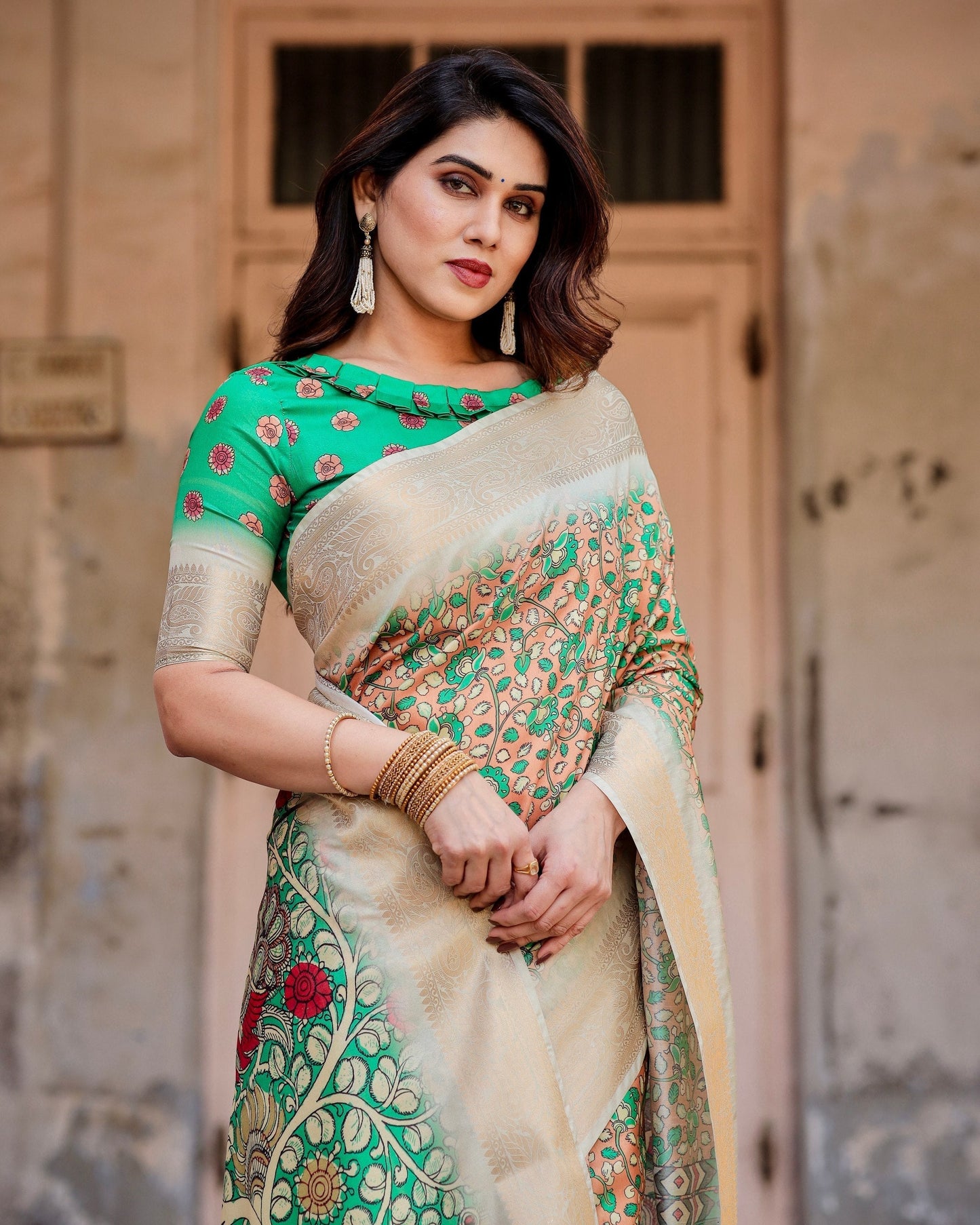 Brown & Cream Floral Printed Cotton Silk Saree