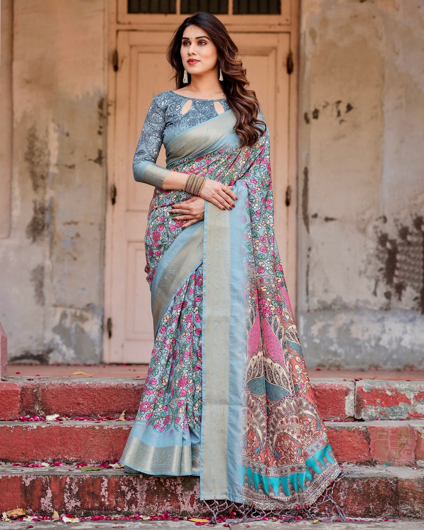 Grey & Multi Floral Printed Cotton Silk Saree