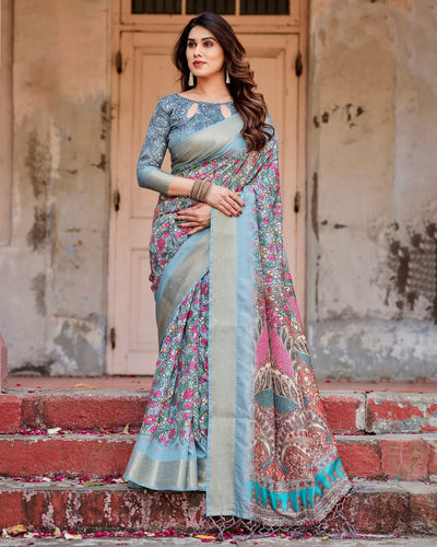 Grey & Multi Floral Printed Cotton Silk Saree