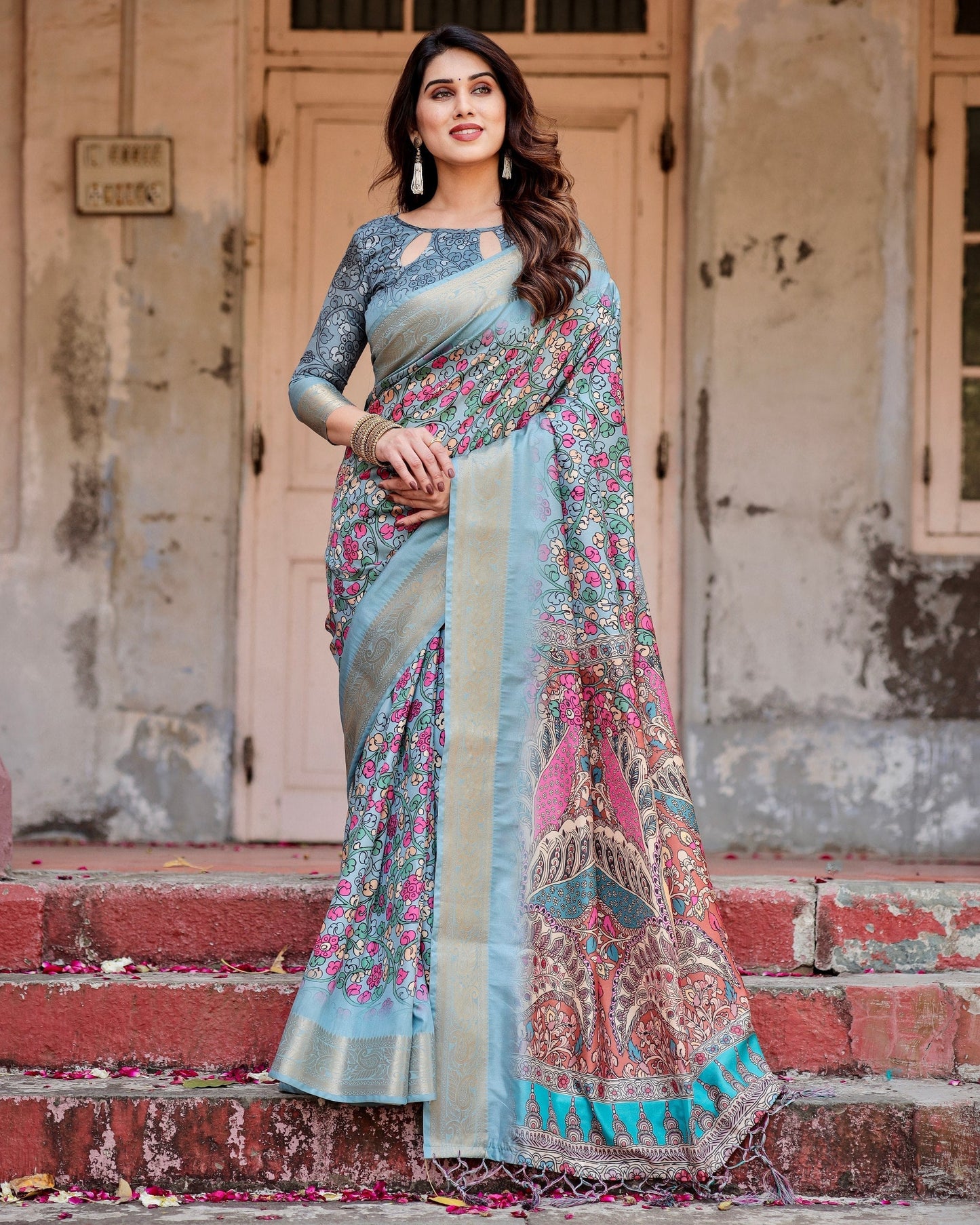 Grey & Multi Floral Printed Cotton Silk Saree