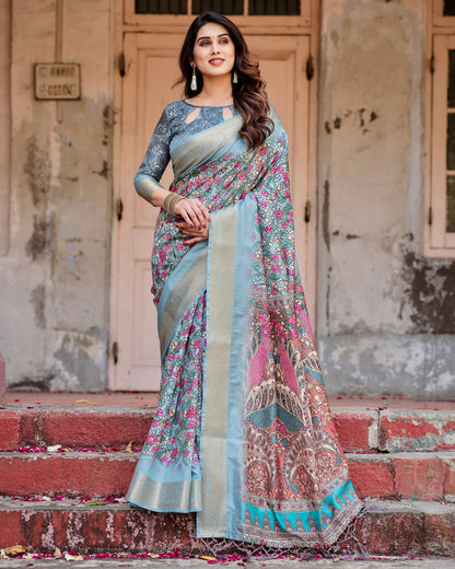Grey & Multi Floral Printed Cotton Silk Saree