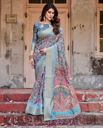 Grey & Multi Floral Printed Cotton Silk Saree