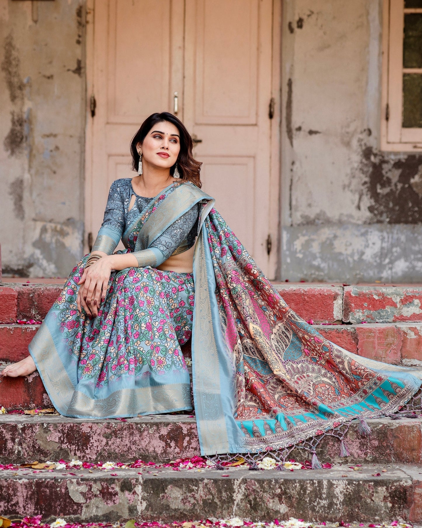 Grey & Multi Floral Printed Cotton Silk Saree