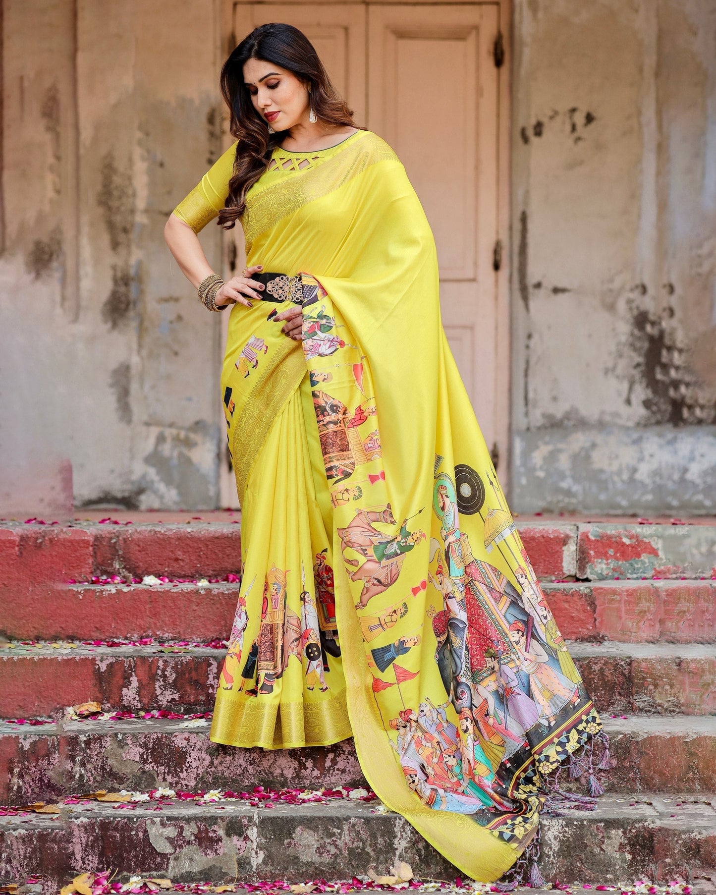 Yellow Floral Printed Cotton Silk Saree