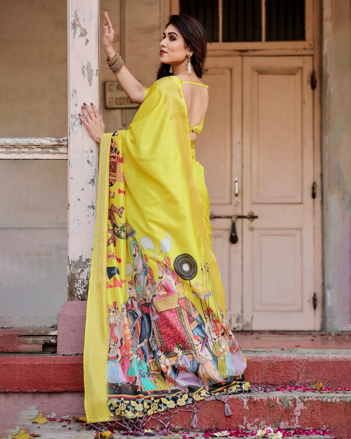 Yellow Floral Printed Cotton Silk Saree