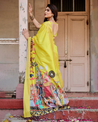 Yellow Floral Printed Cotton Silk Saree