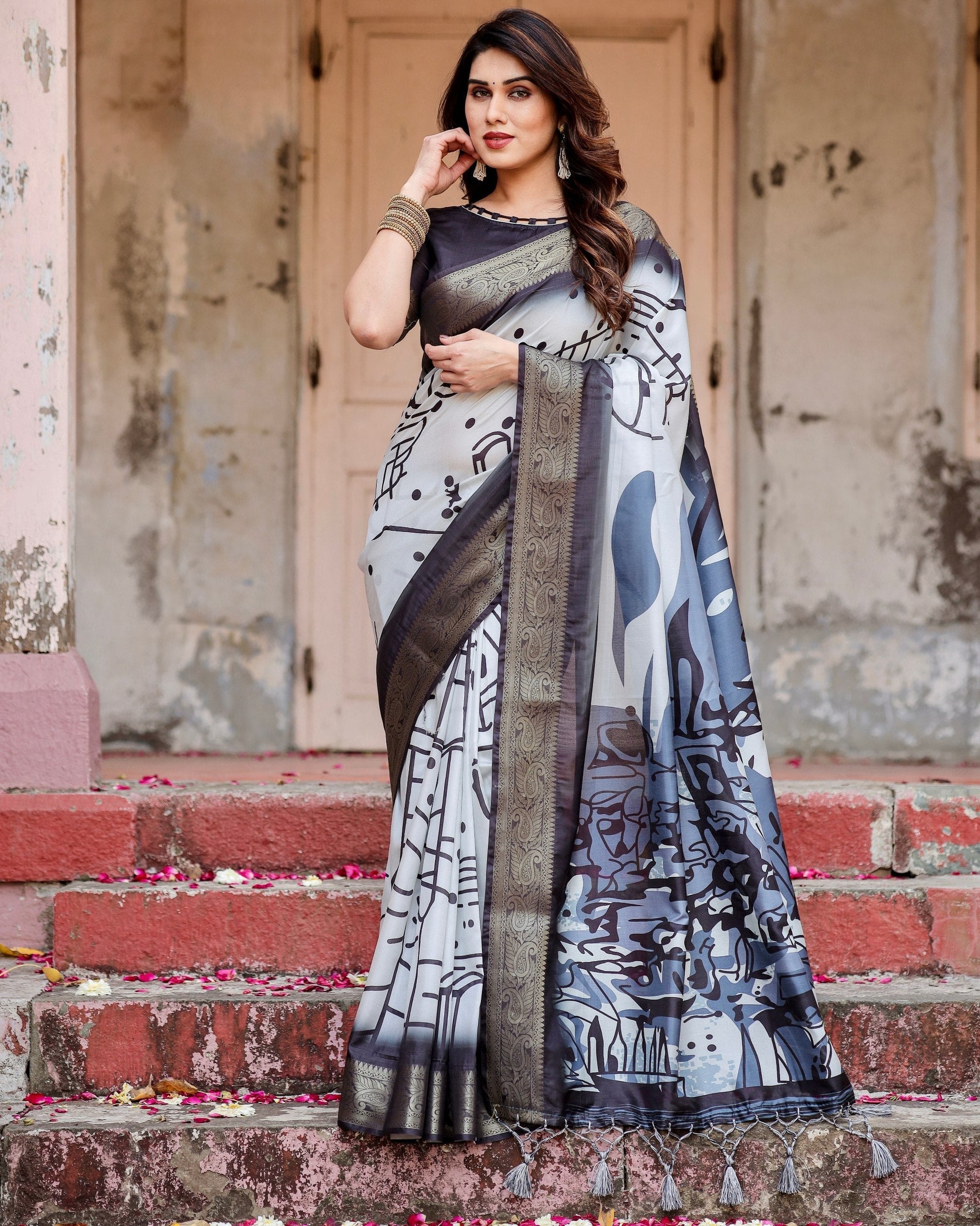 White & Black Floral Printed Cotton Silk Saree