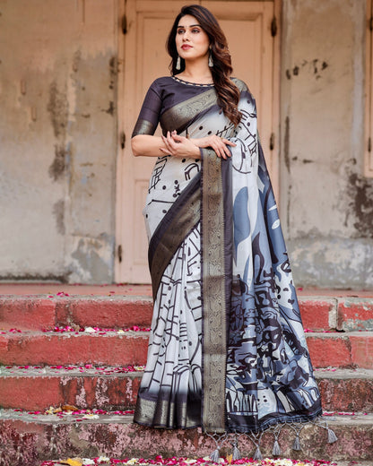 White & Black Floral Printed Cotton Silk Saree