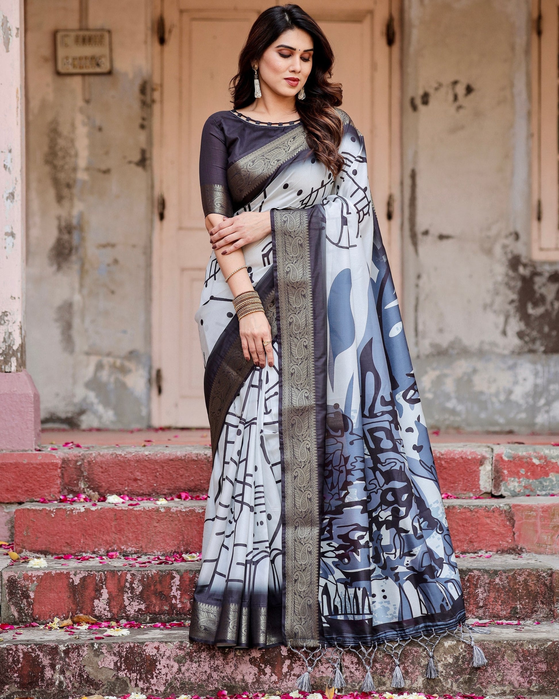 White & Black Floral Printed Cotton Silk Saree