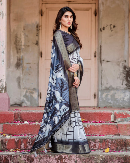 White & Black Floral Printed Cotton Silk Saree
