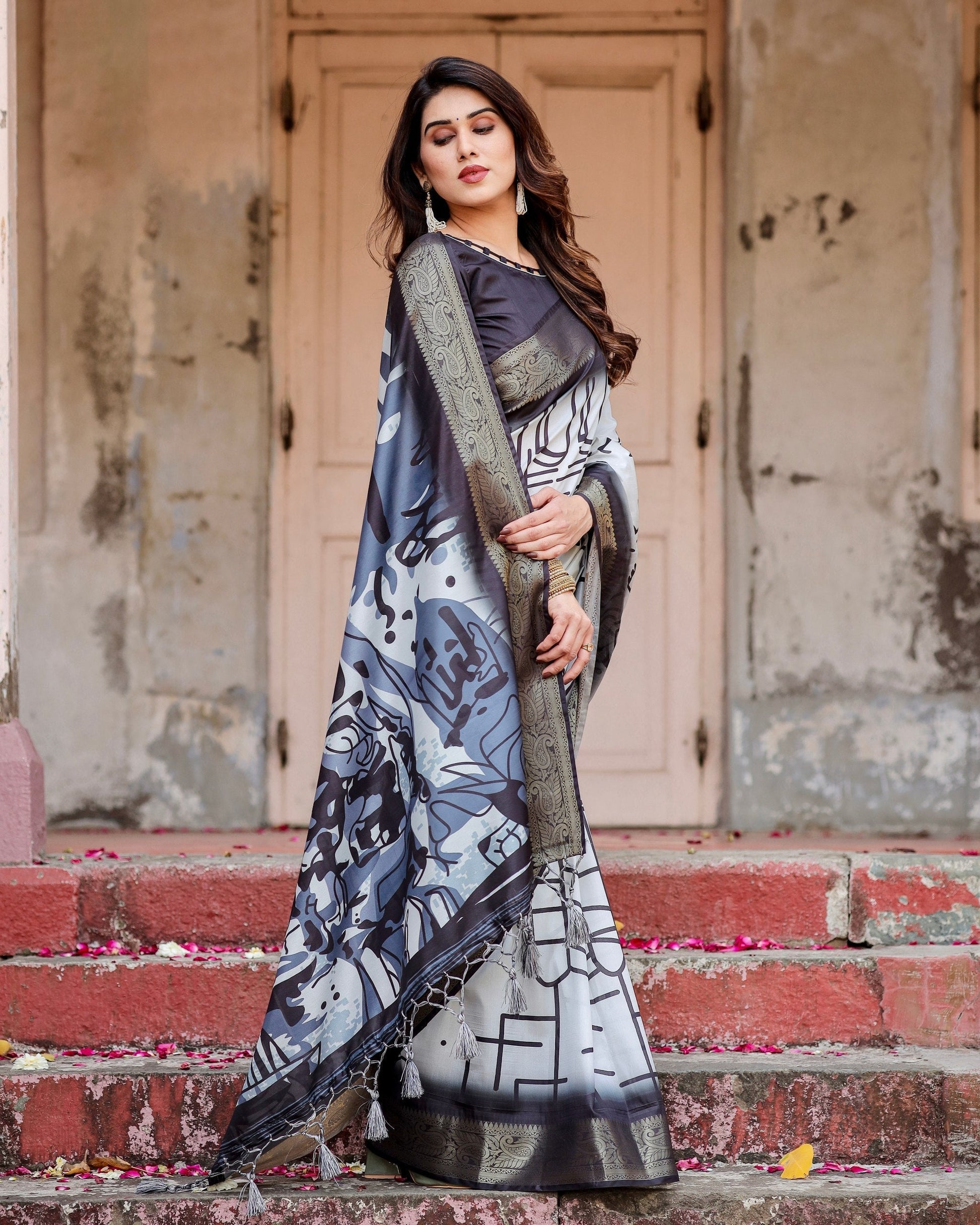 White & Black Floral Printed Cotton Silk Saree