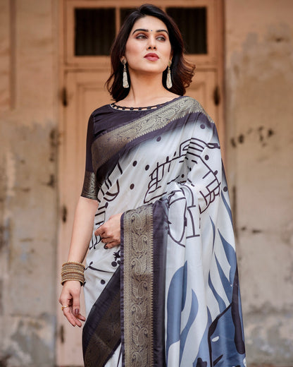 White & Black Floral Printed Cotton Silk Saree