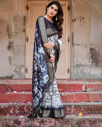White & Black Floral Printed Cotton Silk Saree