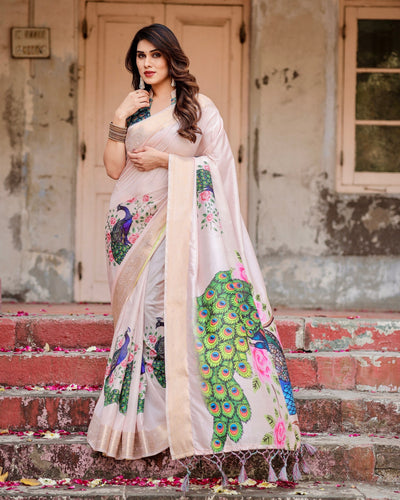 Cream Floral Printed Cotton Silk Saree