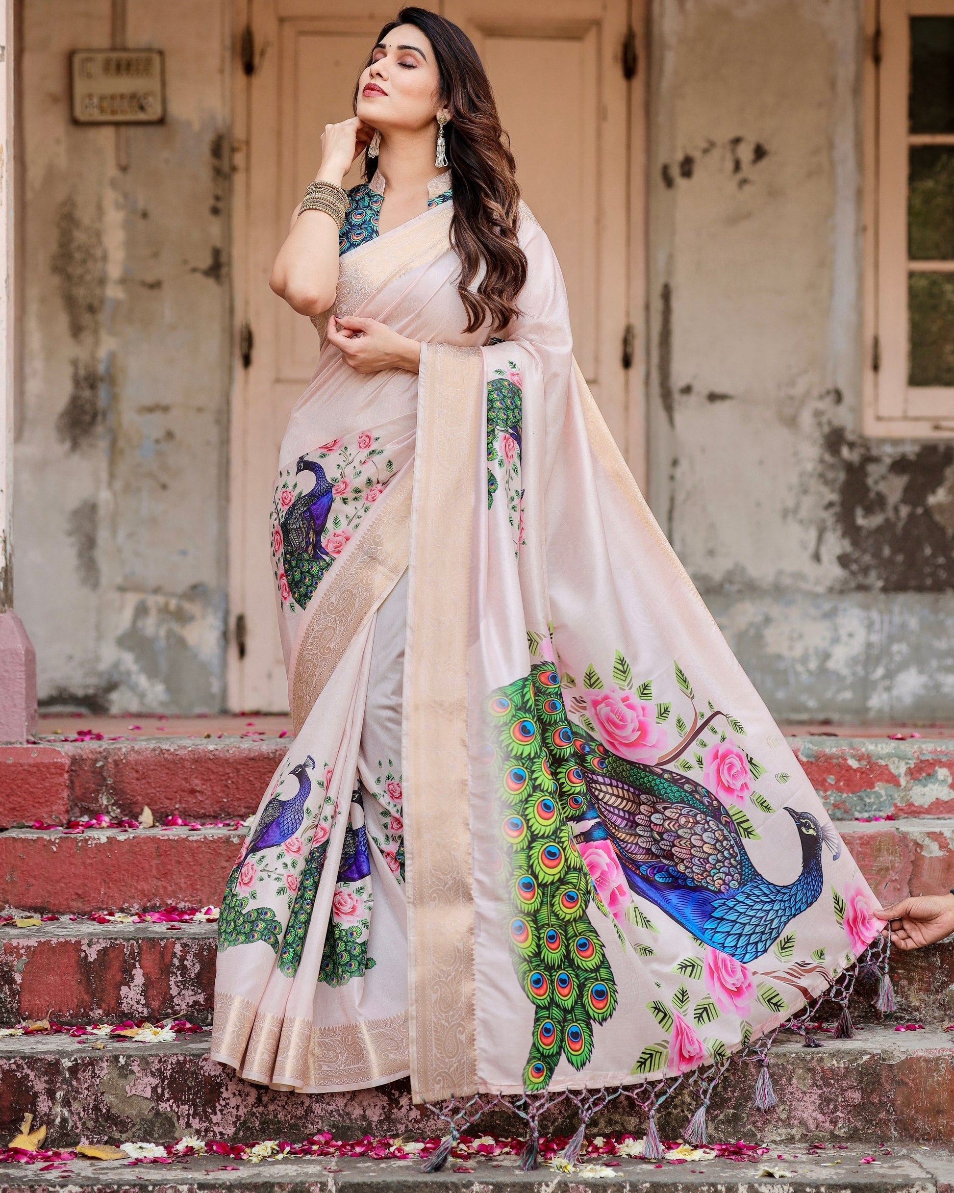 Cream Floral Printed Cotton Silk Saree
