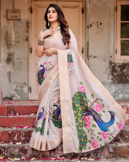Cream Floral Printed Cotton Silk Saree
