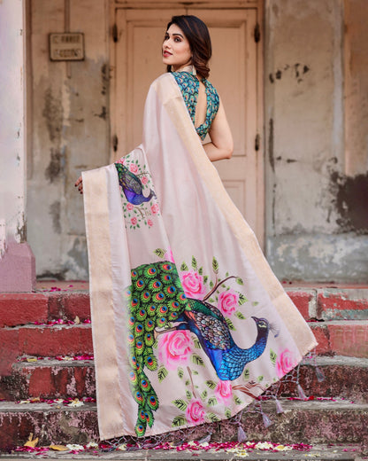 Cream Floral Printed Cotton Silk Saree