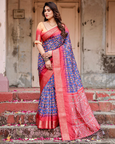 Red & Multi Floral Printed Cotton Silk Saree