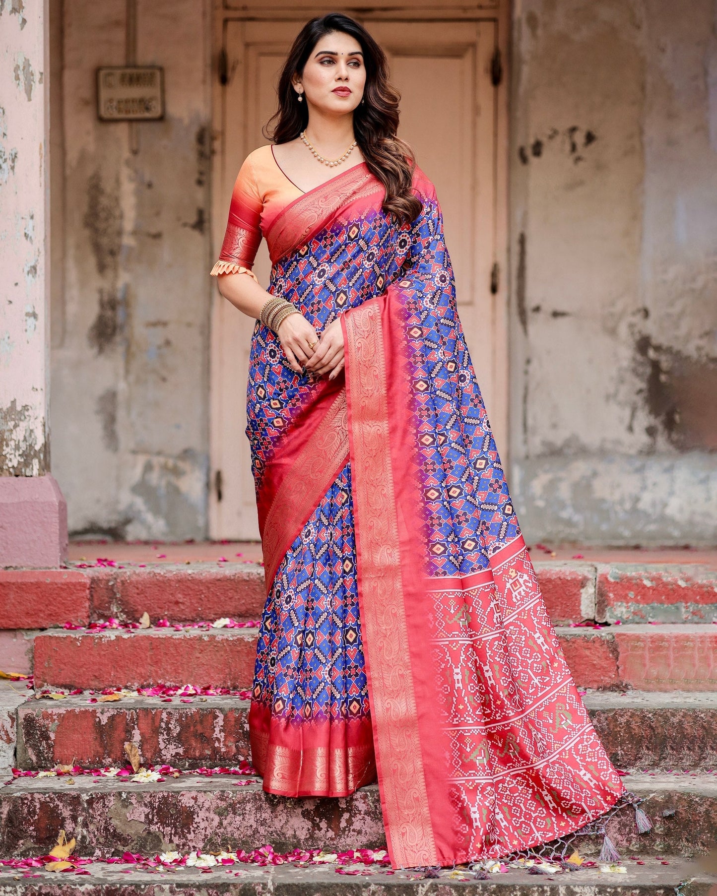 Red & Multi Floral Printed Cotton Silk Saree