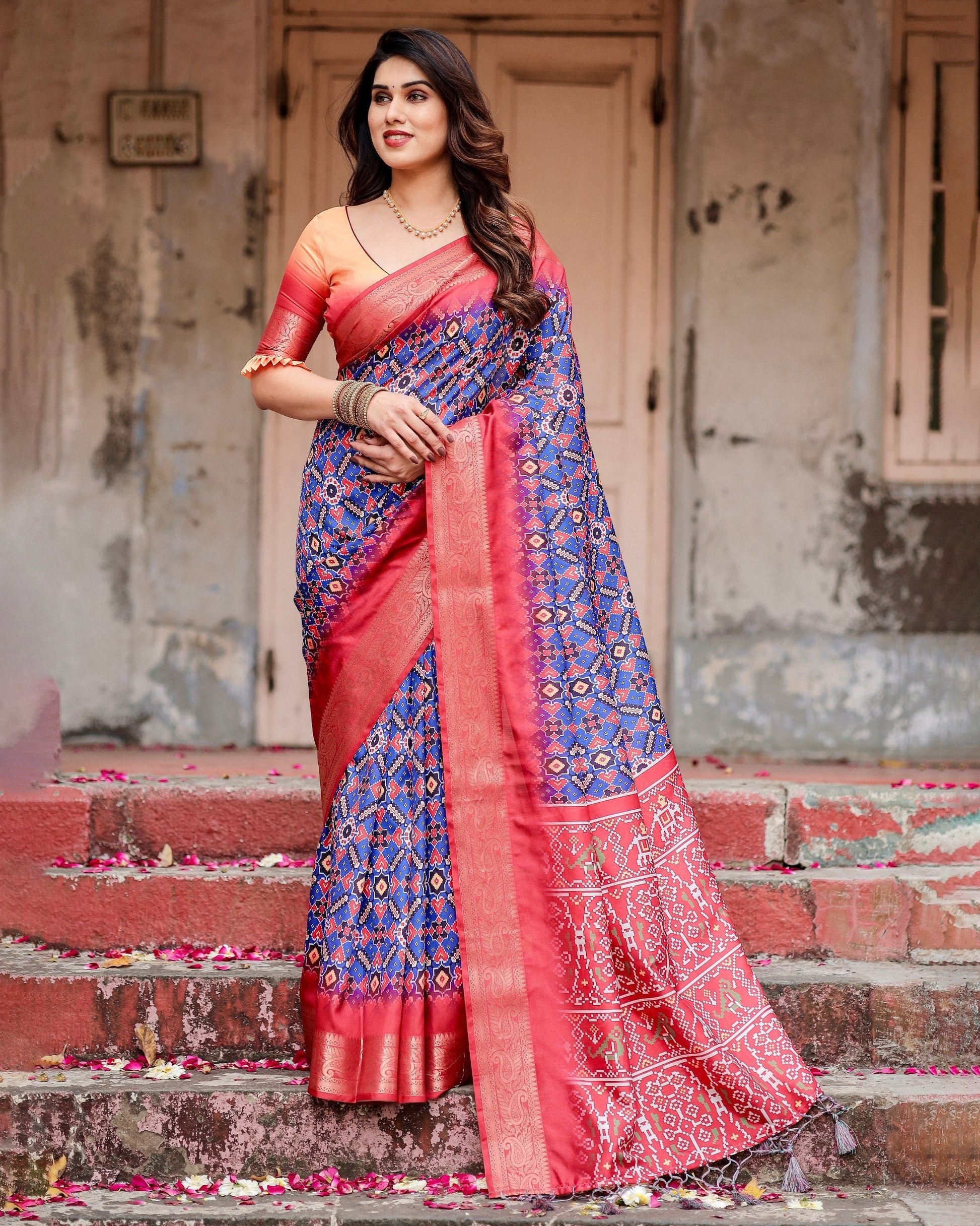 Red & Multi Floral Printed Cotton Silk Saree