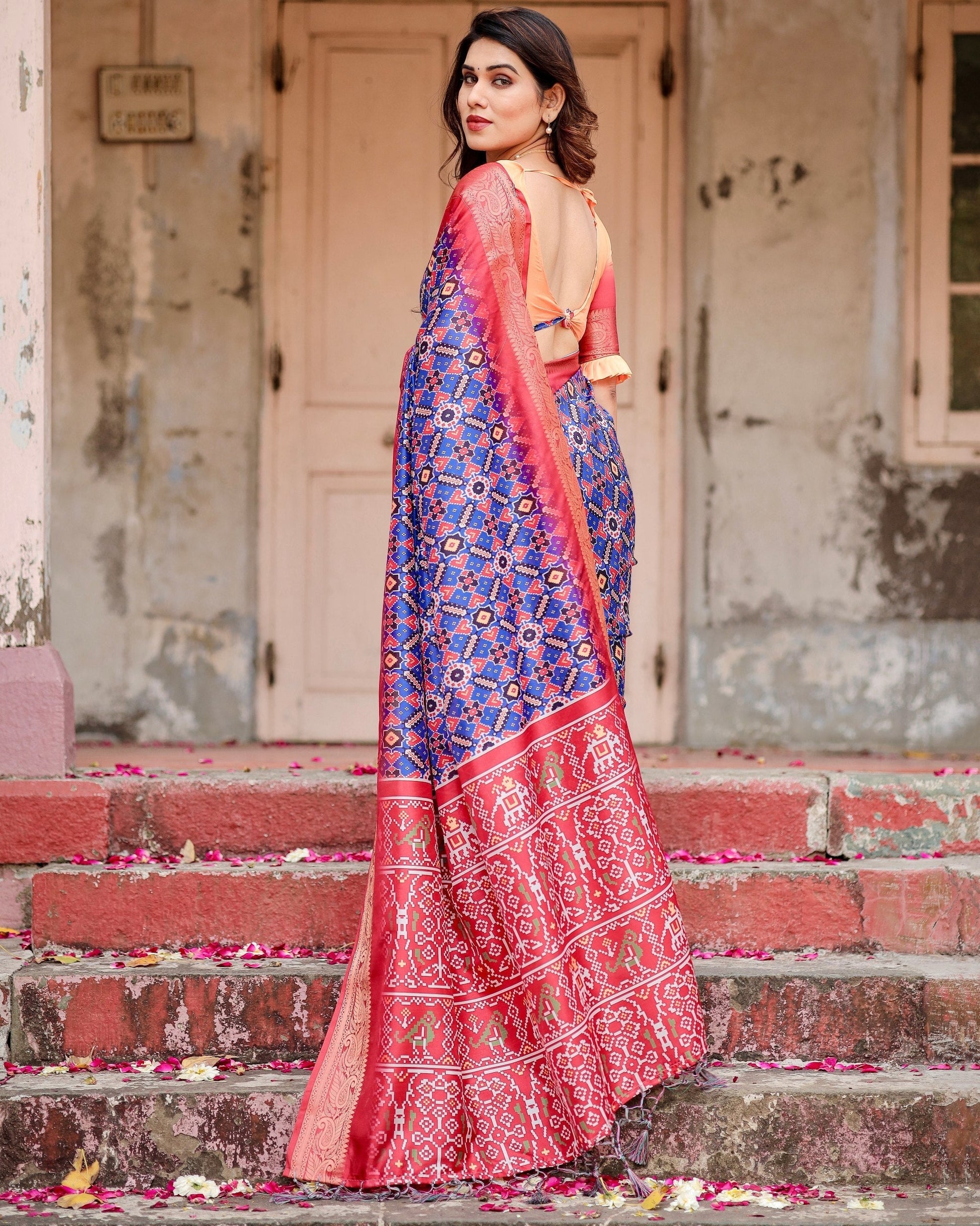 Red & Multi Floral Printed Cotton Silk Saree
