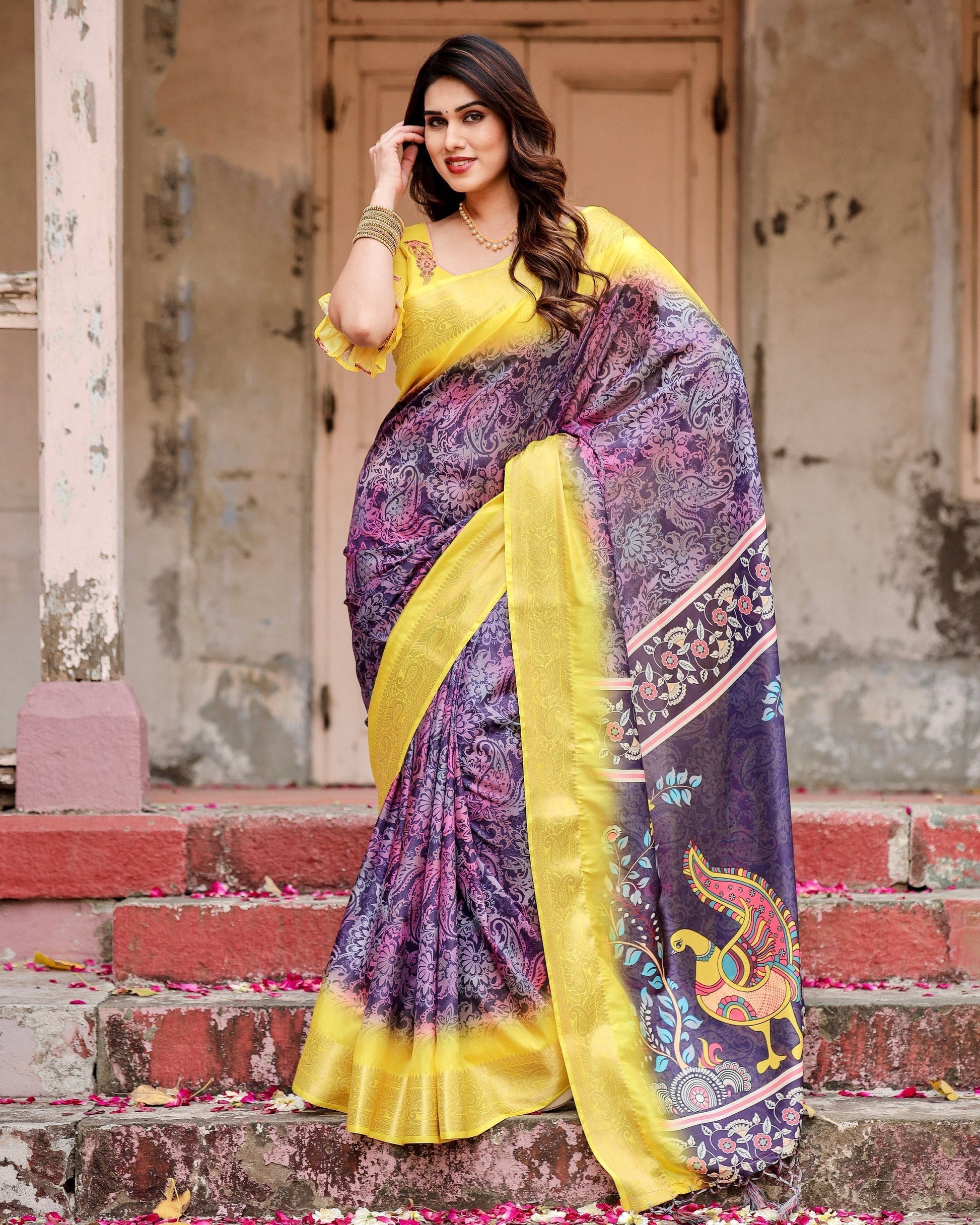 Wine & Yellow Floral Printed Cotton Silk Saree
