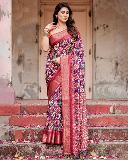 Purple & Red Floral Printed Cotton Silk Saree