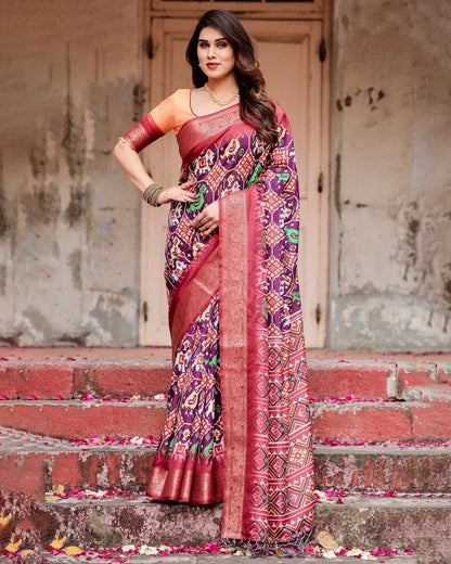 Purple & Red Floral Printed Cotton Silk Saree