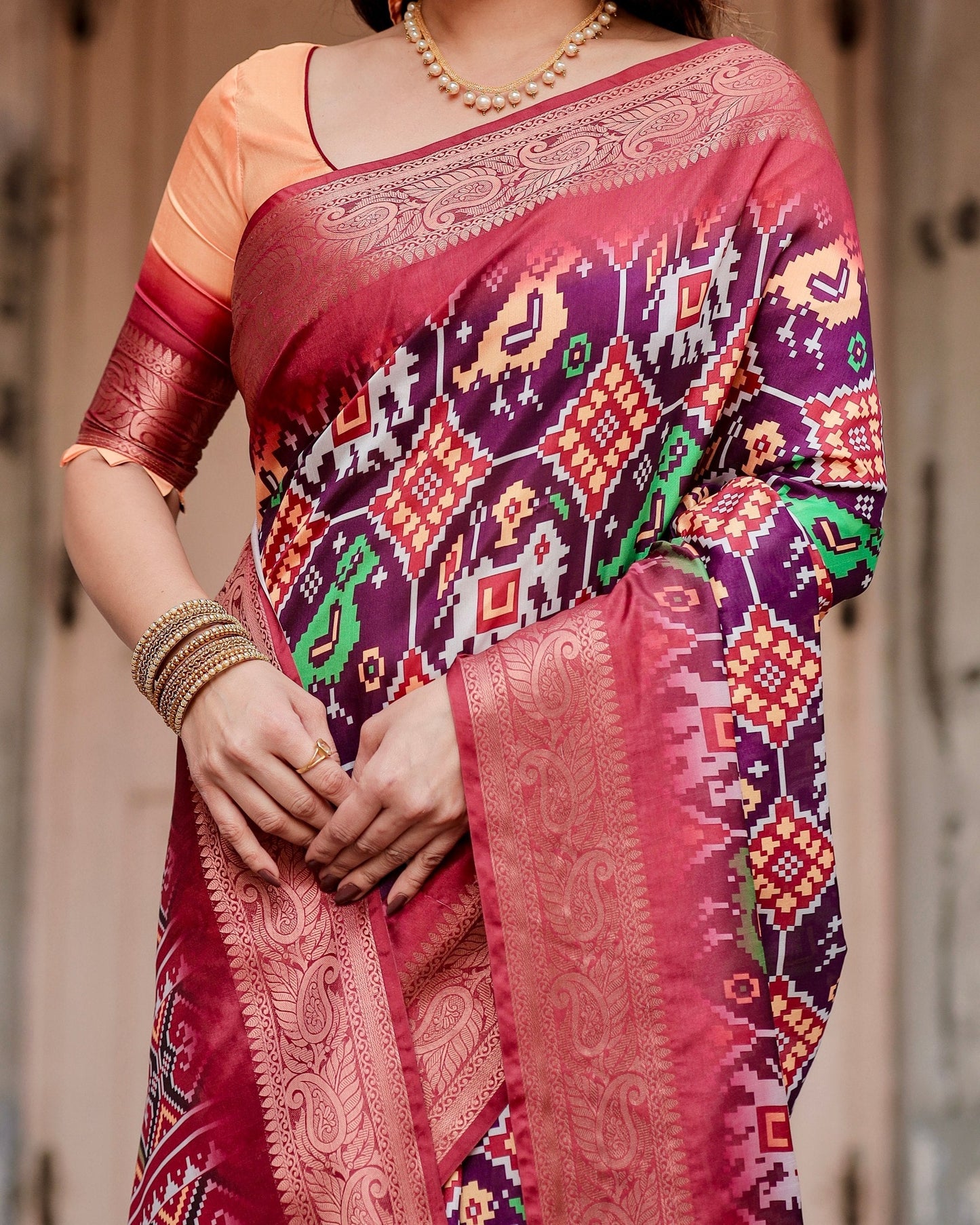 Purple & Red Floral Printed Cotton Silk Saree