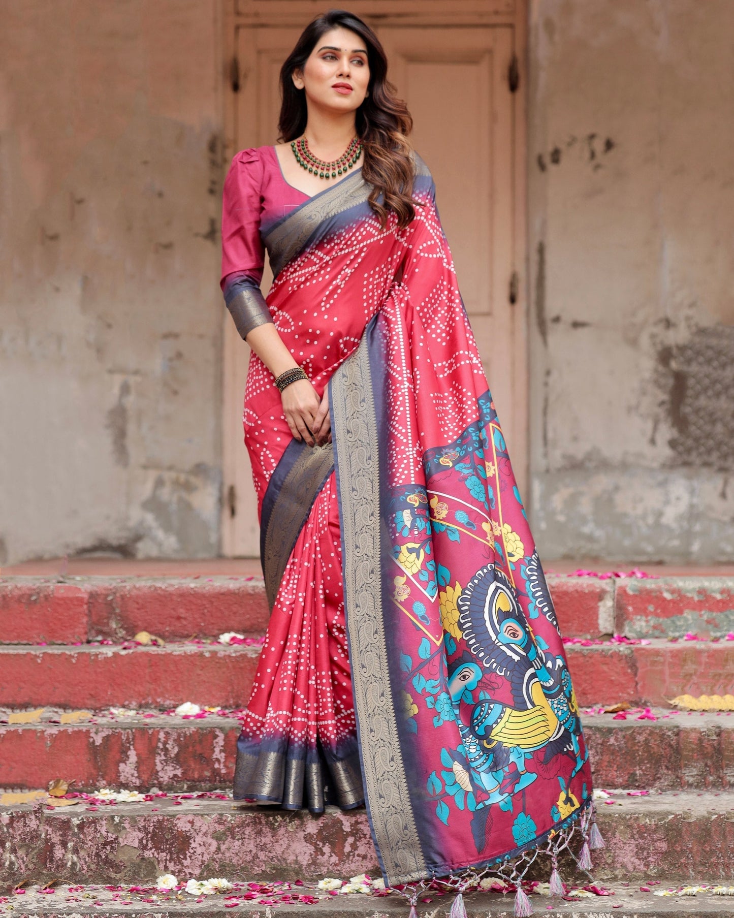 Pink & Black Floral Printed Cotton Silk Saree