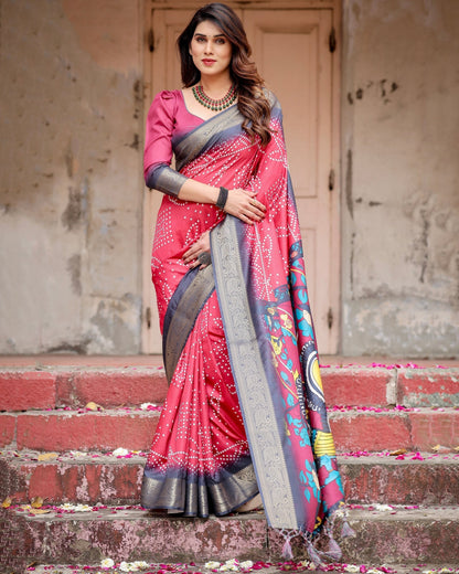 Pink & Black Floral Printed Cotton Silk Saree