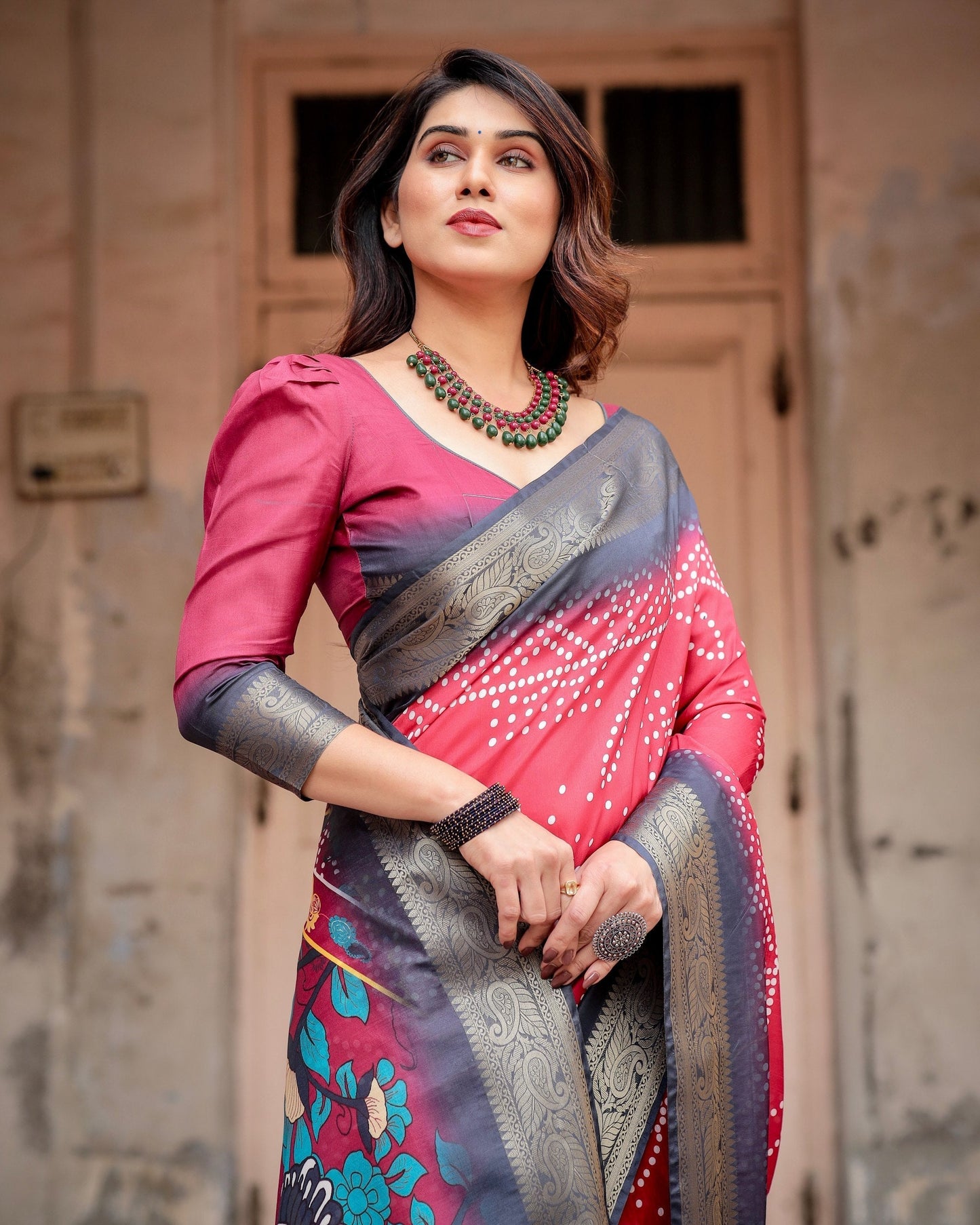 Pink & Black Floral Printed Cotton Silk Saree