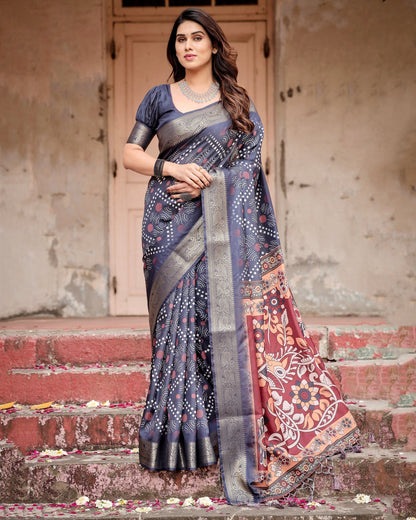 Navy Blue & Multi Floral Printed Cotton Silk Saree