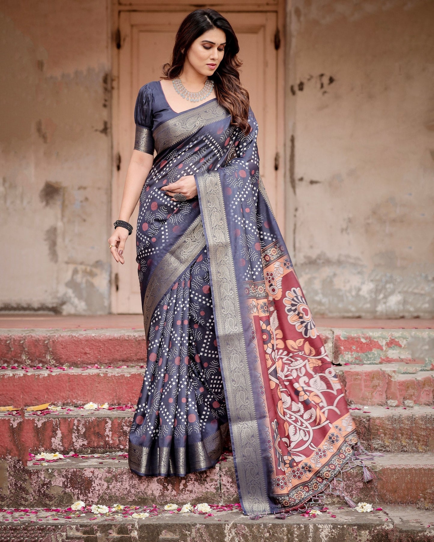 Navy Blue & Multi Floral Printed Cotton Silk Saree