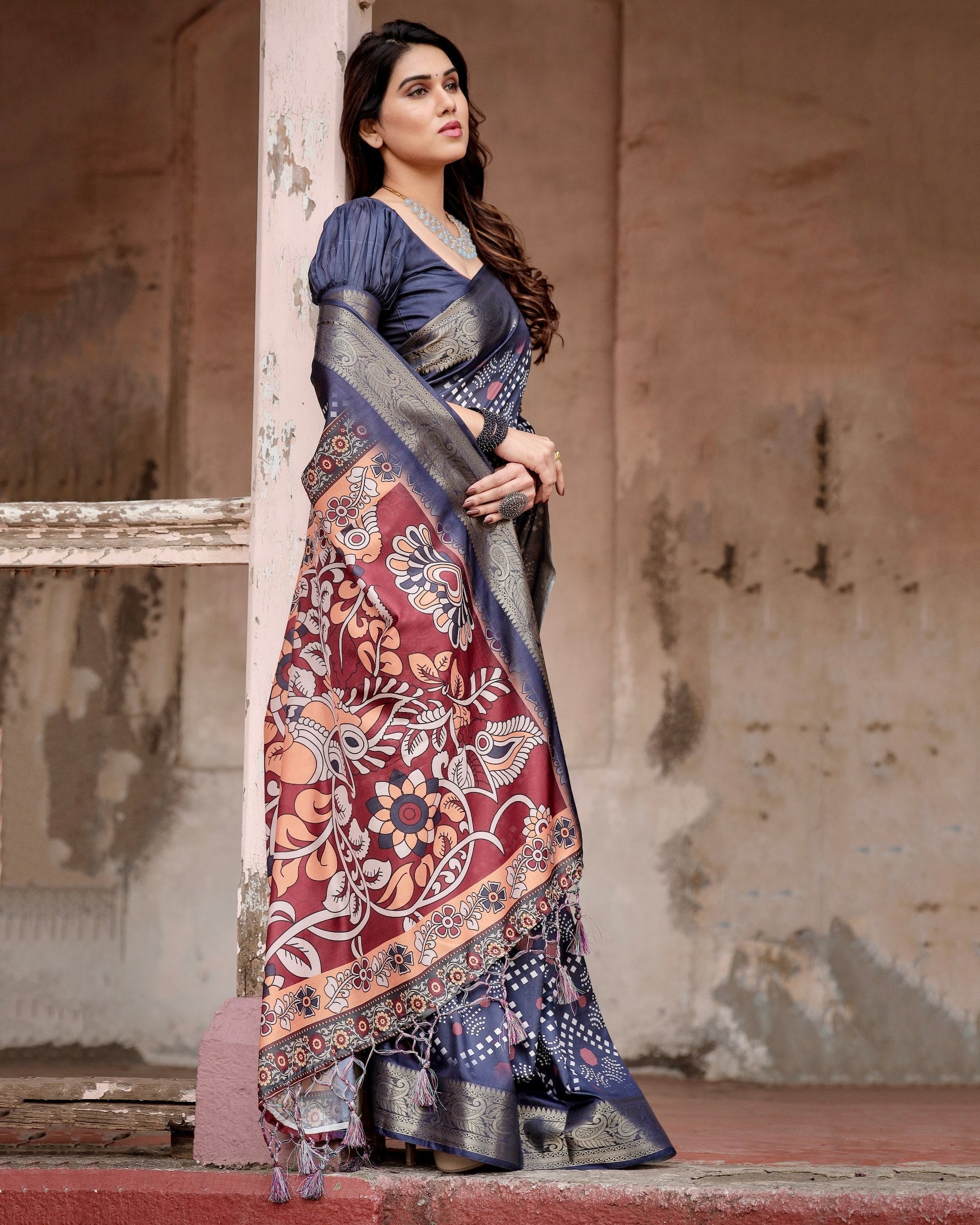 Navy Blue & Multi Floral Printed Cotton Silk Saree