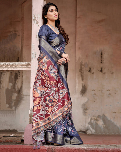 Navy Blue & Multi Floral Printed Cotton Silk Saree