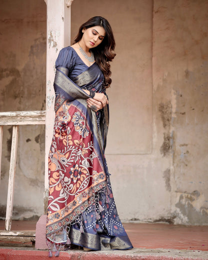Navy Blue & Multi Floral Printed Cotton Silk Saree
