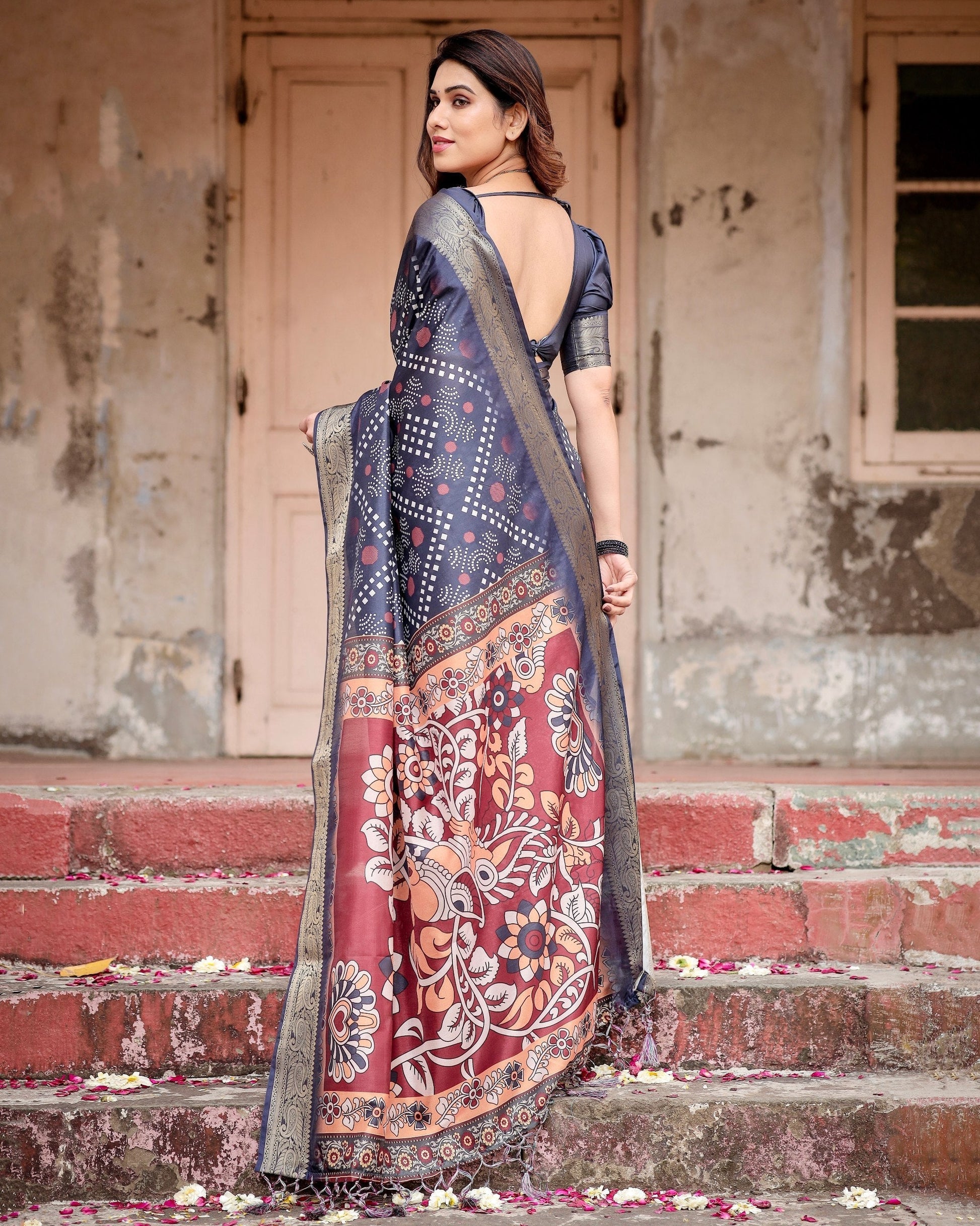 Navy Blue & Multi Floral Printed Cotton Silk Saree