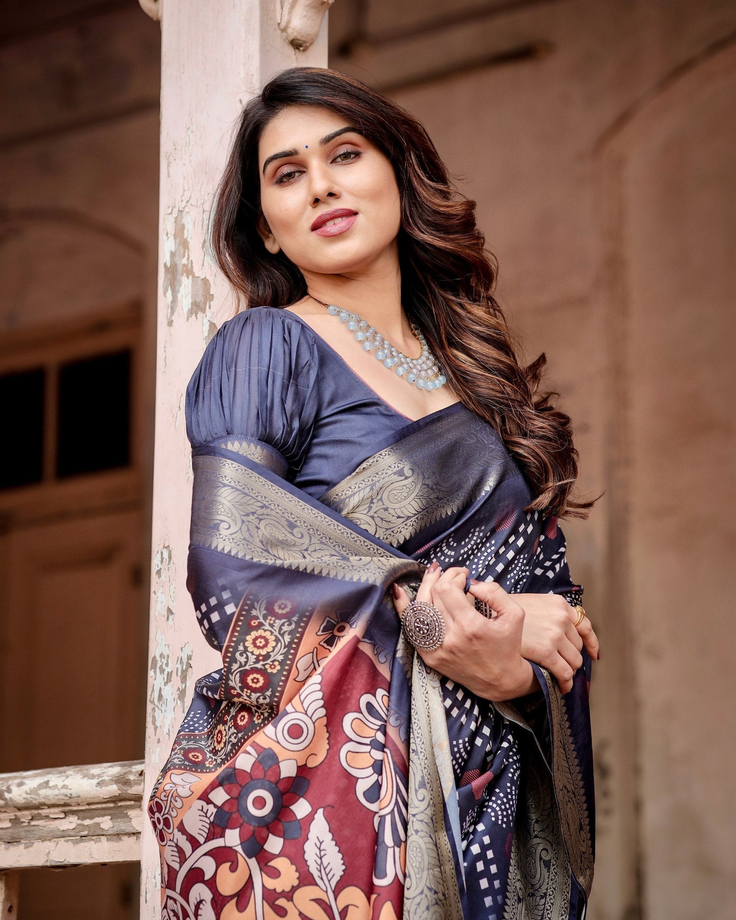Navy Blue & Multi Floral Printed Cotton Silk Saree