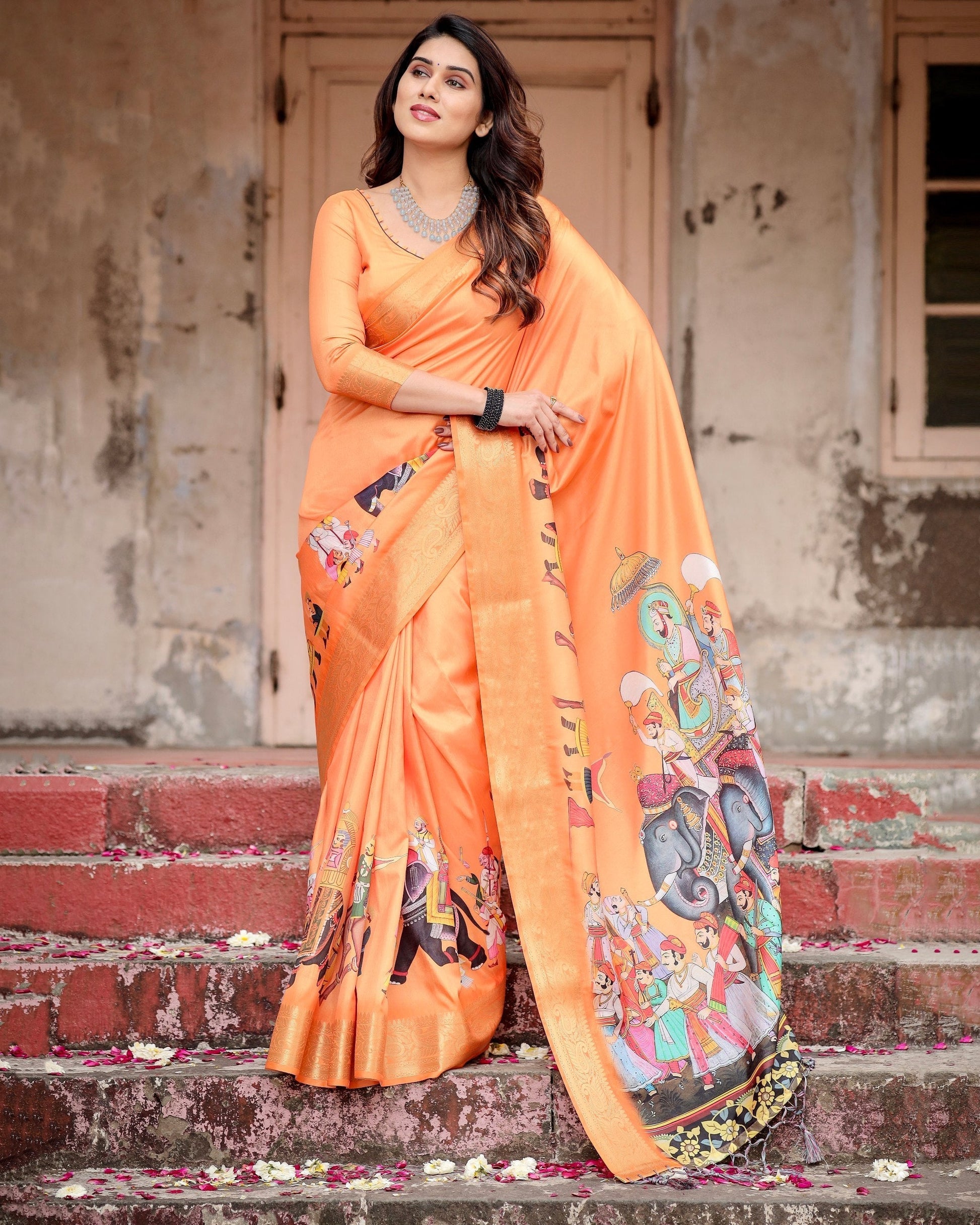 Orange Floral Printed Cotton Silk Saree