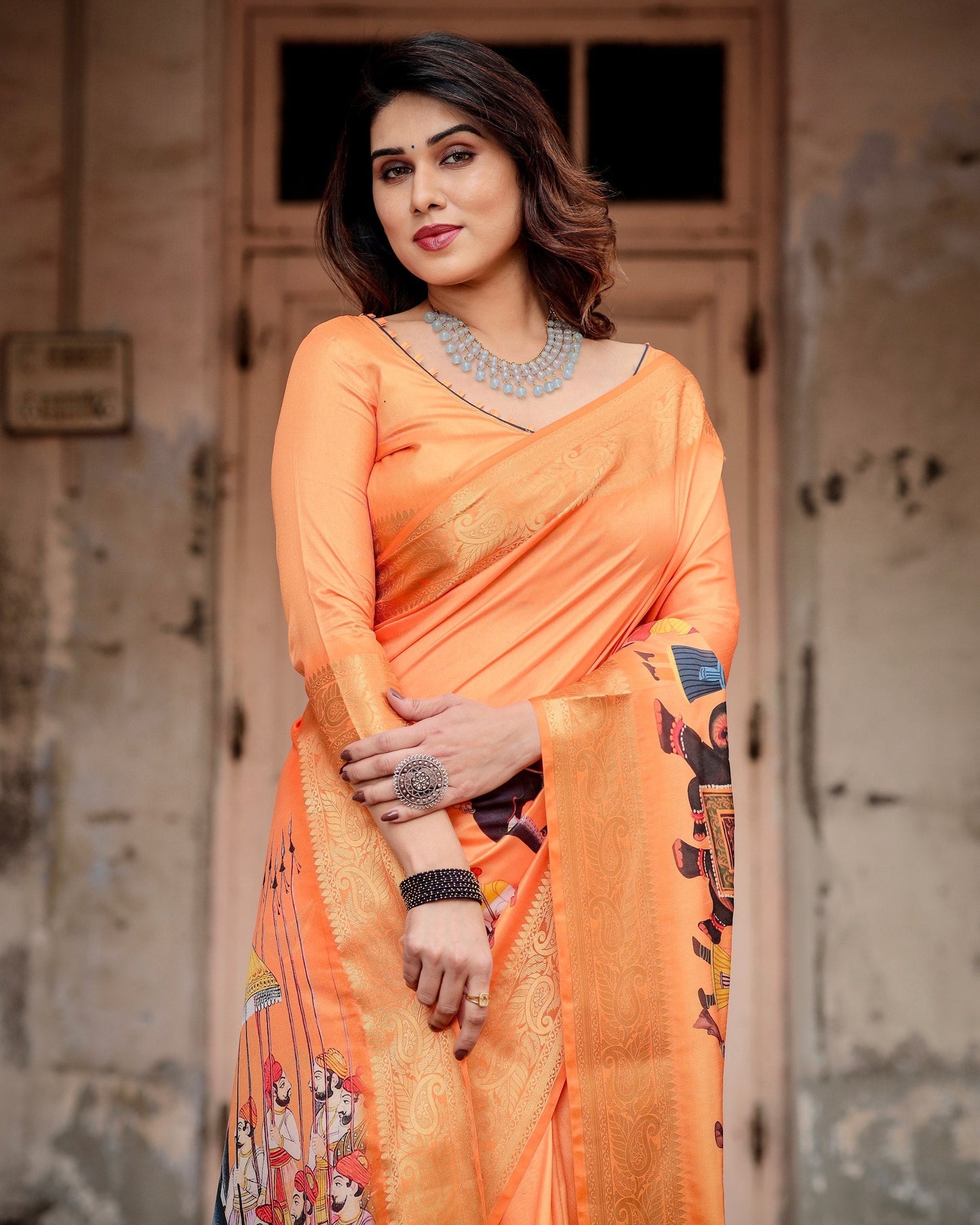 Orange Floral Printed Cotton Silk Saree