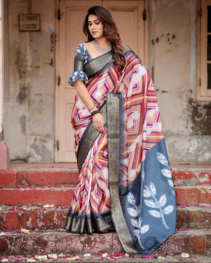 Black & Multi Floral Printed Cotton Silk Saree