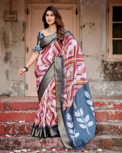 Black & Multi Floral Printed Cotton Silk Saree