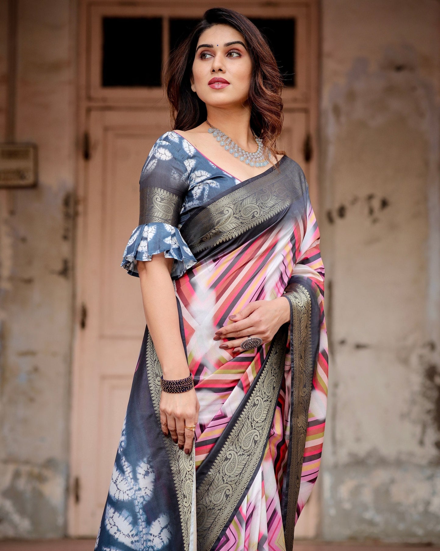 Black & Multi Floral Printed Cotton Silk Saree