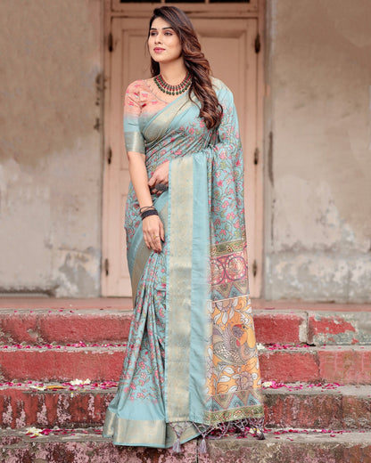Sea Green Floral Printed Cotton Silk Saree