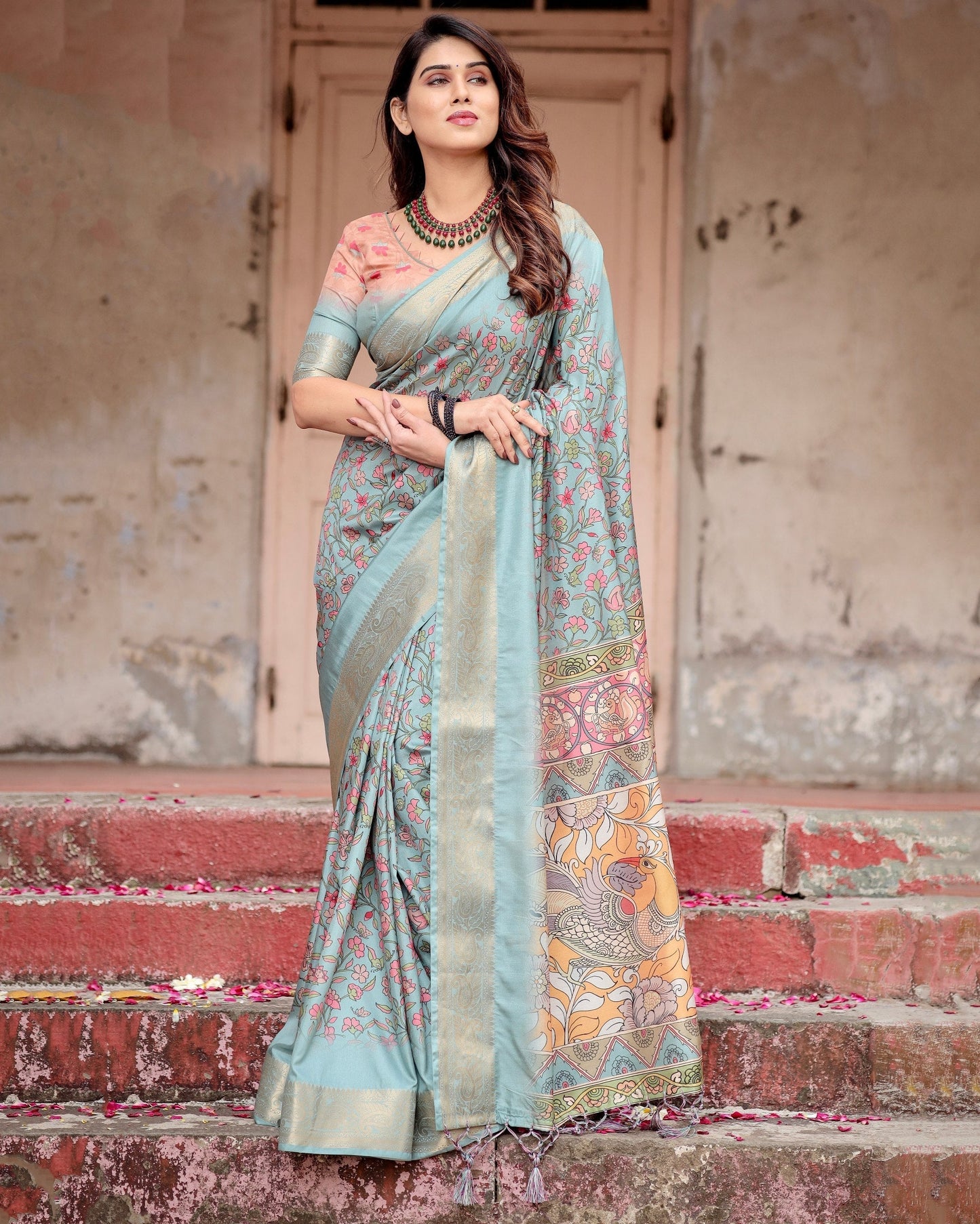 Sea Green Floral Printed Cotton Silk Saree