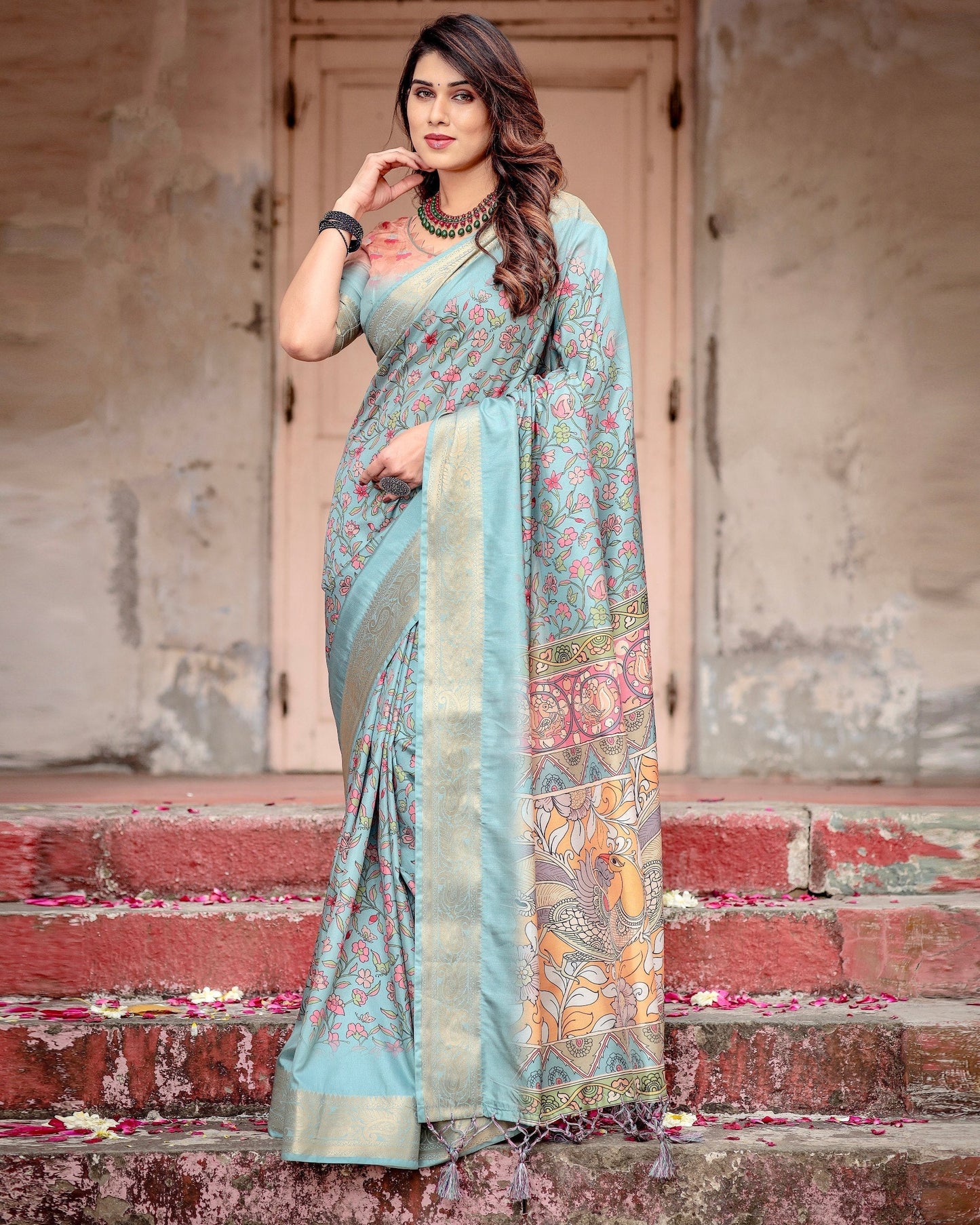 Sea Green Floral Printed Cotton Silk Saree