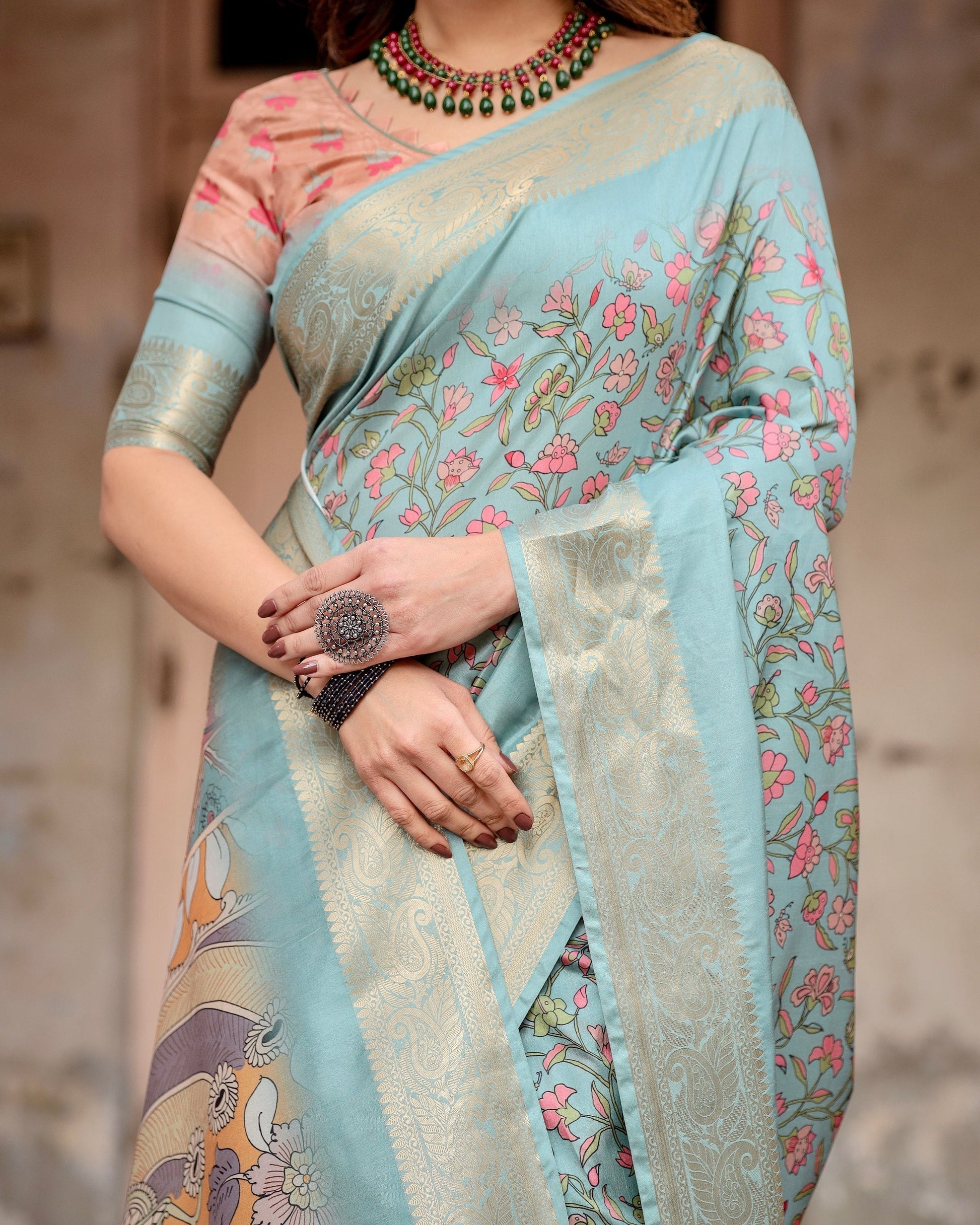 Sea Green Floral Printed Cotton Silk Saree