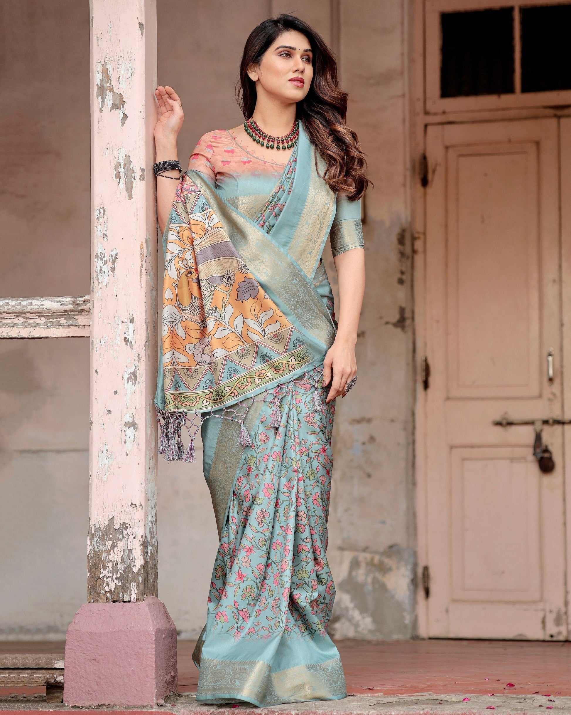 Sea Green Floral Printed Cotton Silk Saree