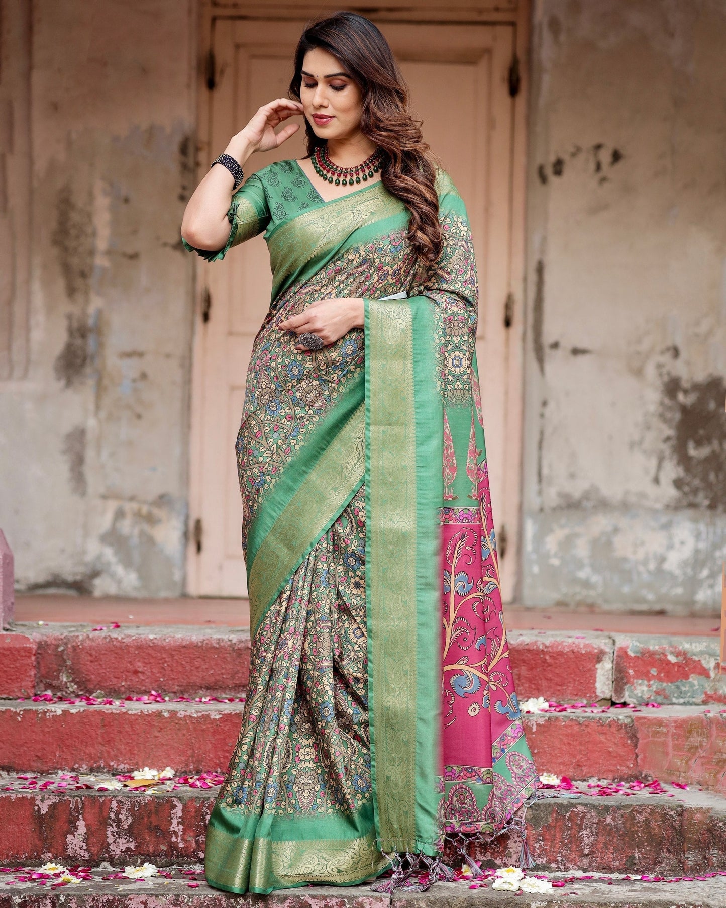 Green & Multi Floral Printed Cotton Silk Saree